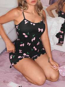 SHEIN 可爱樱桃印花吊带睡衣套装（女士款） - 彩色 - 查看 5