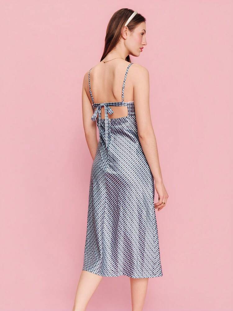 Satin Square Neck Blue Gingham Midi Dress, Bow Tie With Mini Opening At Back, Spring Summer French Style Parisian Style Checkered Satin Dress Chic Dress Evening Dress Vacation Holiday Dress Graduation Dress Gingham Dress Plaid Dress Blue And White Dress Checked Dress Spaghetti Strap Dress