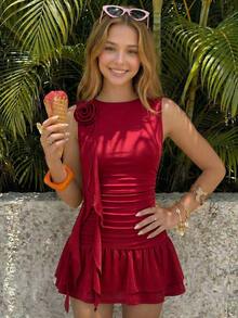 Teen Girl Red Summer Elegant Satin Party Dress,Solid Color 3D Floral Decor Ruffle Sleeveless Tank Spring Casual Dresses - Burgundy - View 2