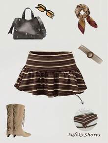 Rina Fox 女士春夏条纹迷你裙，粉色条纹复古Y2K可爱性感度假风，适合约会、音乐节、时尚街拍休闲迷你裙 - 咖啡棕 - 查看 2