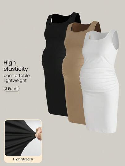 Modmama 3件套孕妇纯色褶皱优雅无袖连衣裙套装，适合派对和外出穿着