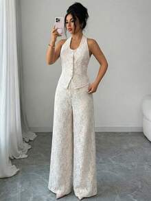 jo, ocasiones formales, viajes, vacaciones, fotografía callejera, conjunto de verano con top de tirantes y pantalones, nueva llegada de verano, diseño de nicho elegante y versátil para mujer - Albaricoque - Ver 5