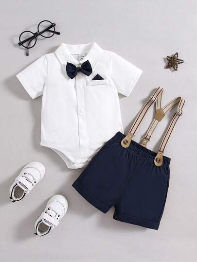 Souflis Souflis 2pcs Baby Boys' Casual Elegant Polo Collar Bow Tie Gentleman Outfit, Suitable For Spring & Summer Outings