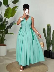 Maweii Đầm dự tiệc cổ điển thanh lịch không tay cổ chữ V thắt nơ eo dáng xòe ôm sát dành cho nữ - màu xanh lá - Xem 8
