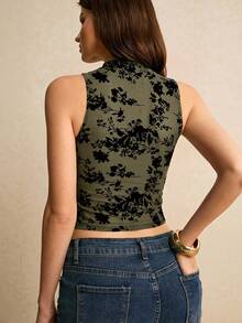 Poéselle 女款綠色花卉印花V領緊身背心，時尚波希米亞風無袖，休閒夏季新品，適合夜晚外出、約會之夜、旅行 - 軍綠色 - 查看 2