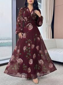 Modelyn Women's Floral Print Lace Trim Ruffle Elegant Waist Cinched Long Party Dress - Burgundy - View 5