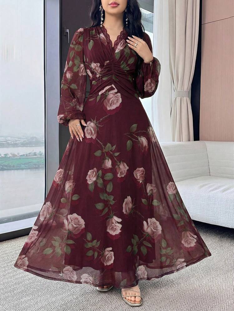 Modelyn Vestido largo de fiesta elegante con cintura ceñida, volantes y adorno de encaje con estampado floral para mujer - Burdeos - Añade 4