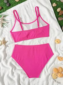 SHEIN Teen Girls Ribbed Bikini Sets,Bright Rose Red Swimwear Adjustable Spaghetti Strap Cami Top High-Waisted Briefs 2-Piece Set,Summer Beach Holiday Outfit - Hot Pink - View 2