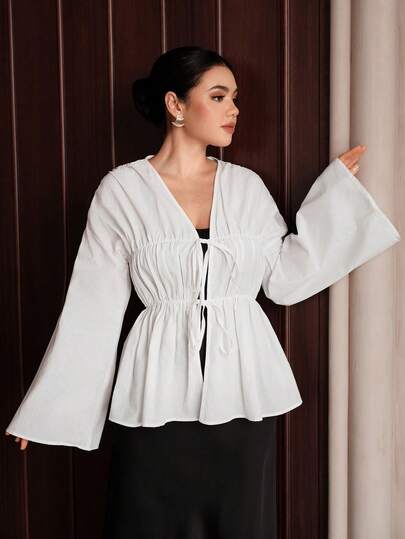Graceveil Women's Solid Color Ruffle Flare Sleeve Front Tie Blouse Cotton Blouse For Women Elegant Classy Buisness Casual Women Tops Blouse With Garterized Waist For Women Latest Tops For Women New Arrivals Blouse For Ladies Zipper Top Zip Up Top Zip Cardigan Women