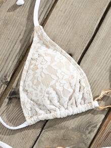 SHEIN Swim 女士性感挂脖蕾丝金属环两件式泳衣，优雅浪漫海滩度假泳装套装，春夏款 - 白色 - 查看 5
