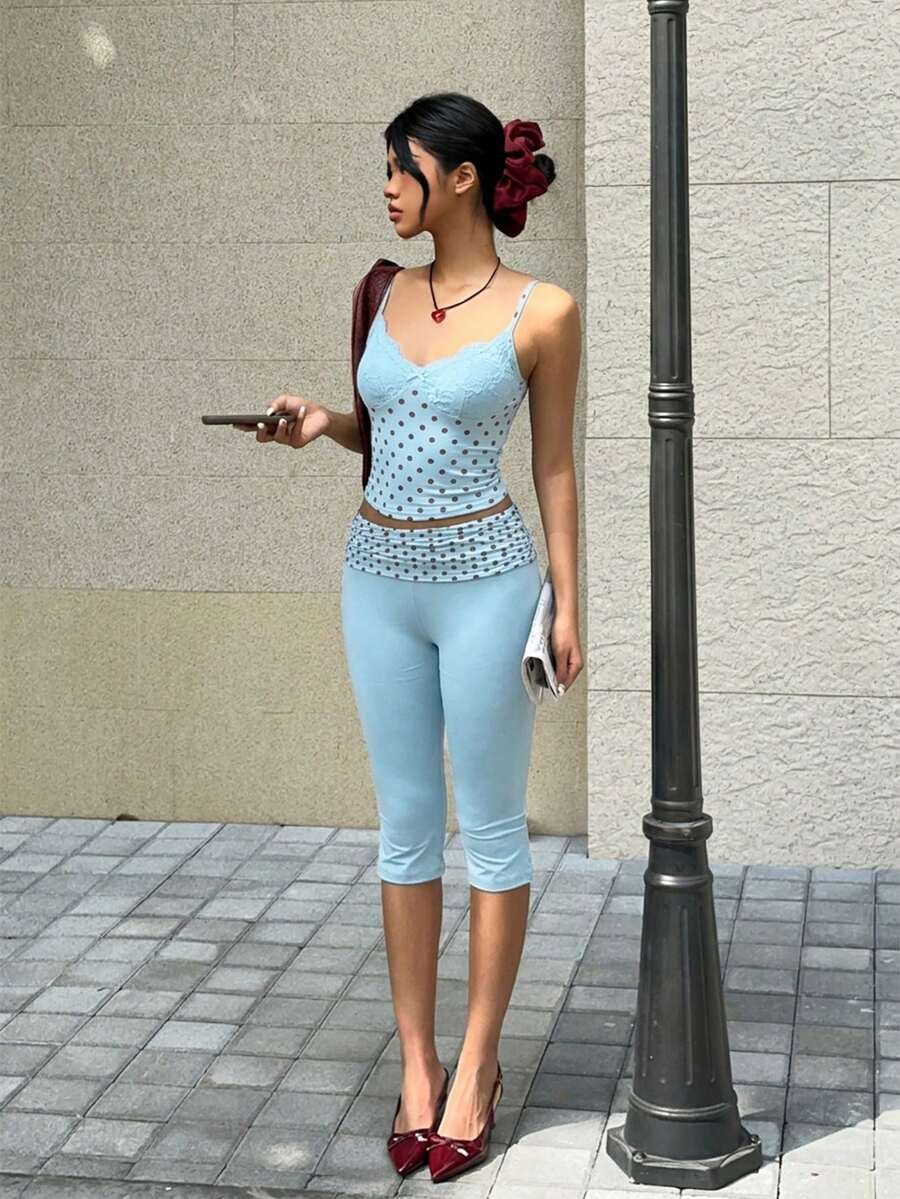 MainGRL Quần legging lửng chấm bi xanh nhạt xếp ly dành cho nữ, dáng ôm, thích hợp cho du lịch và hẹn hò mùa hè. - Màu xanh nhạt - Xem 1