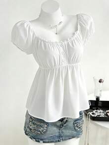 SHEIN 1pc Girls' White Summer Elegant Tea Party Vintage Floral Collar Blouse,Puff Sleeve Square Neck Cinched Waist Top,Loose Fit Flattering Shirt,Daily Wear - White - View 1