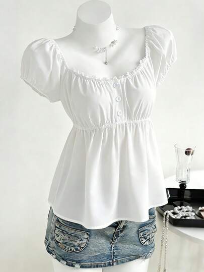 SHEIN Sparklyn 1pc Girls' Vintage Sweet Floral Collar Blouse, Puff Sleeve Square Neck Cinched Waist Top, Loose Fit Flattering Shirt, Suitable For Spring/Summer Travel, Beach And Daily Wear