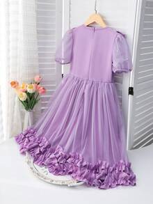 SHEIN 女童藍色優雅公主洋裝，白色，夏季，端莊，珍珠裝飾，野餐雪紡泡泡袖蝴蝶結荷葉邊裙，適用生日派對、花童、鋼琴演奏會 - 紫色 - 查看 2