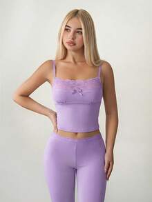 Sweetina 2pcs/Set Lace Camisole & Flare Pants, Casual Outfit For Teens - Lilac Purple - View 4