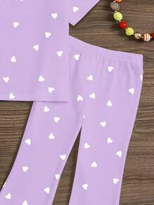 紫色甜心印花，情人节少女休闲简约圆领短袖T恤和喇叭裤两件套，适合夏季穿着 - 彩色 - 查看 5