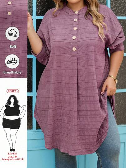 SHEIN CURVE+ Áo sơ mi dài tay đơn giản màu trơn dành cho nữ cỡ lớn