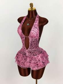 Amplova Women's Sexy Animal Print Ruffle Hem Backless Halter Jumpsuit, Summer - Pink - View 5