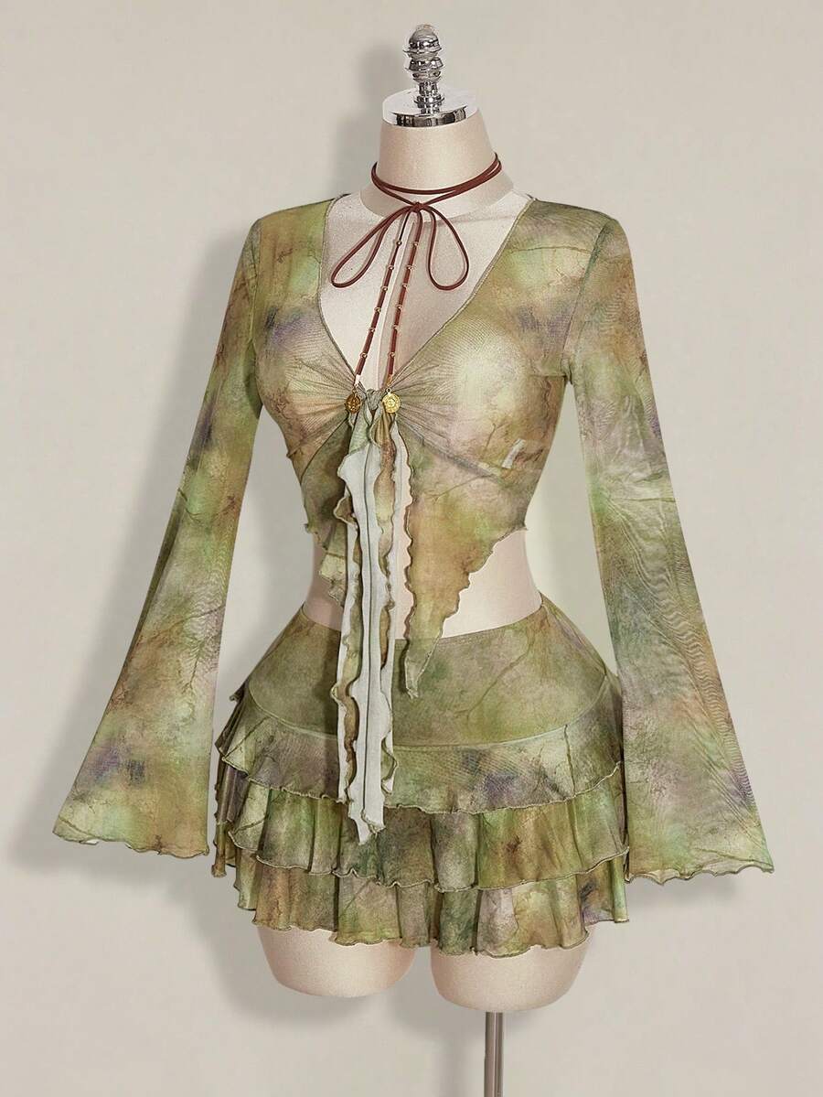 SHEIN ICON Vintage Distressed Print Open Front Mesh Top With Layered Ruffle Hem Skirt 2 Pieces Set For Women - Green - View 1
