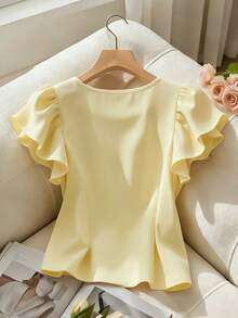 Franclia 2026夏季新款纯色荷叶袖圆领衬衫，夏季时尚百搭法式短款珍珠纽扣装饰女式上衣，夏季时尚优雅衬衫，黄色上衣，女士优雅上衣，夏季上衣，女士夏季服装黄色纽扣上衣工作衬衫黄色上衣衬衫女士黄色上衣优雅女士上衣和衬衫新款衬衫女士衬衫优雅高贵女士夏季衬衫S3433女装青少年衬衫 - 黃色 - 查看 2