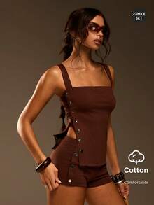 Athîral Women's Casual Sleeveless Knitted Vest And Shorts Set, Brown, Spring/Summer, Women's Casual Hanging Neck Button Top Elastic Shorts Two-Piece Set, Soft And Comfortable Knitted Elastic Fabric, Coffee Casual Two-Piece Set, Asymmetrical Casual Two-Piece Set, Home Wear, Date Party Wear, Holiday Wear - Mocha Brown - View 1