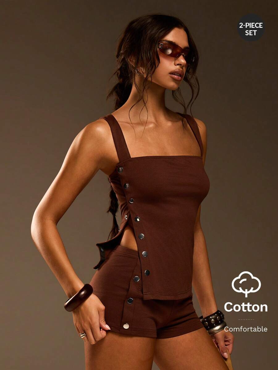 Athîral Women's Casual Sleeveless Knitted Vest And Shorts Set, Brown, Spring/Summer, Women's Casual Hanging Neck Button Top Elastic Shorts Two-Piece Set, Soft And Comfortable Knitted Elastic Fabric, Coffee Casual Two-Piece Set, Asymmetrical Casual Two-Piece Set, Home Wear, Date Party Wear, Holiday Wear - Mocha Brown - View 1