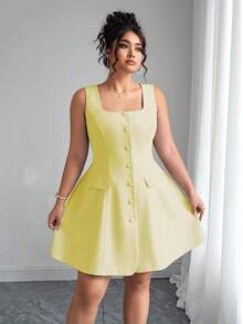 Elenzga Bộ váy áo cardigan cổ vuông màu xanh dương thanh lịch dành cho nữ, có túi giả, cỡ lớn. - Màu vàng - Xem 3