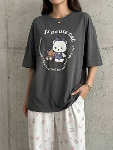 DAZY 2pcs/Set Cartoon Print Short Sleeve Loose Women Pajamas Set,Back To School Clothes - Grey - View 1