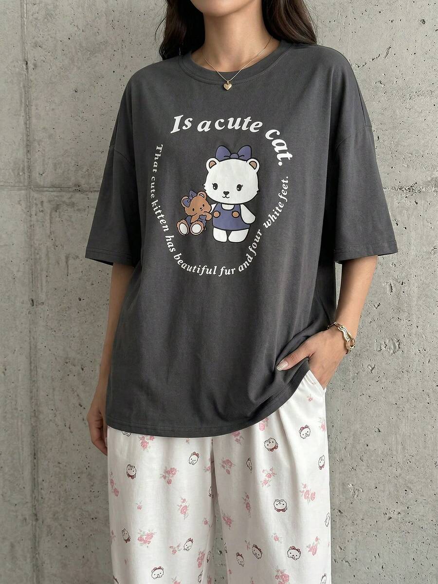 DAZY 2pcs/Set Cartoon Print Short Sleeve Loose Women Pajamas Set,Back To School Clothes - Grey - View 1