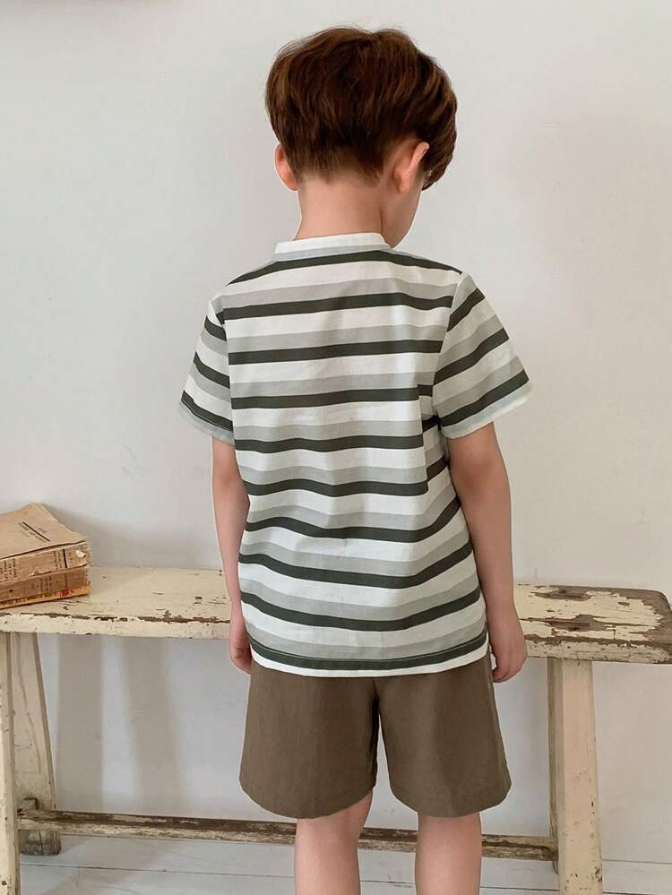 Striped Short Sleeve Shirt And Shorts Casual Outfit For Young Boy