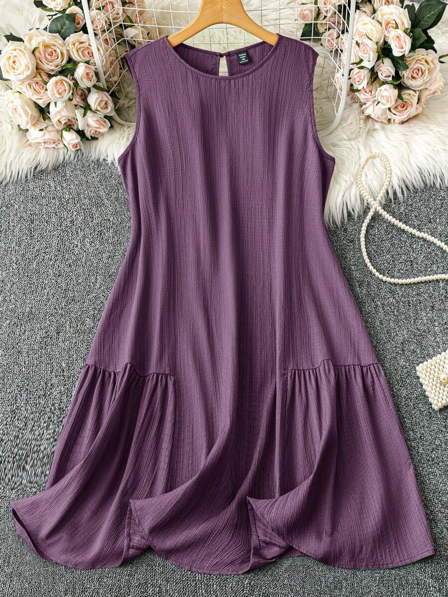 SHEIN Essnce Dark Purple Plus Size Women's Summer Casual Tea Party Elegant Textured Sleeveless Short Dress,Boho Vacation Outfits,Sage Green Slim Brunch Dress - Purple - View 1