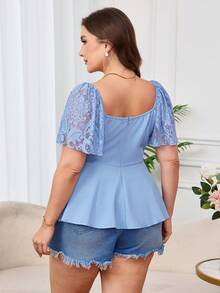 SHEIN Clasi Blusa feminina plus size elegante e romântica em chiffon com mangas, gola e barra franzidas. - Azul - Ver 3