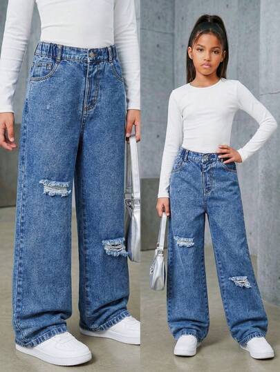 Pantalones vaqueros largos de pierna ancha y cintura alta con efecto desgastado, de color azul oscuro, para niñas preadolescentes, primavera-verano 2026. Pantalones rectos y sueltos con cintura elástica, estilo casual y cool, de marca, con estilo versátil y de calle.