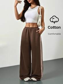 SHEIN PETITE 阔腿撞色侧缝慢跑裤，休闲、机场、居家、返校、秋季、圣诞节、冬季、感恩节皆宜 - 棕色 - 查看 4