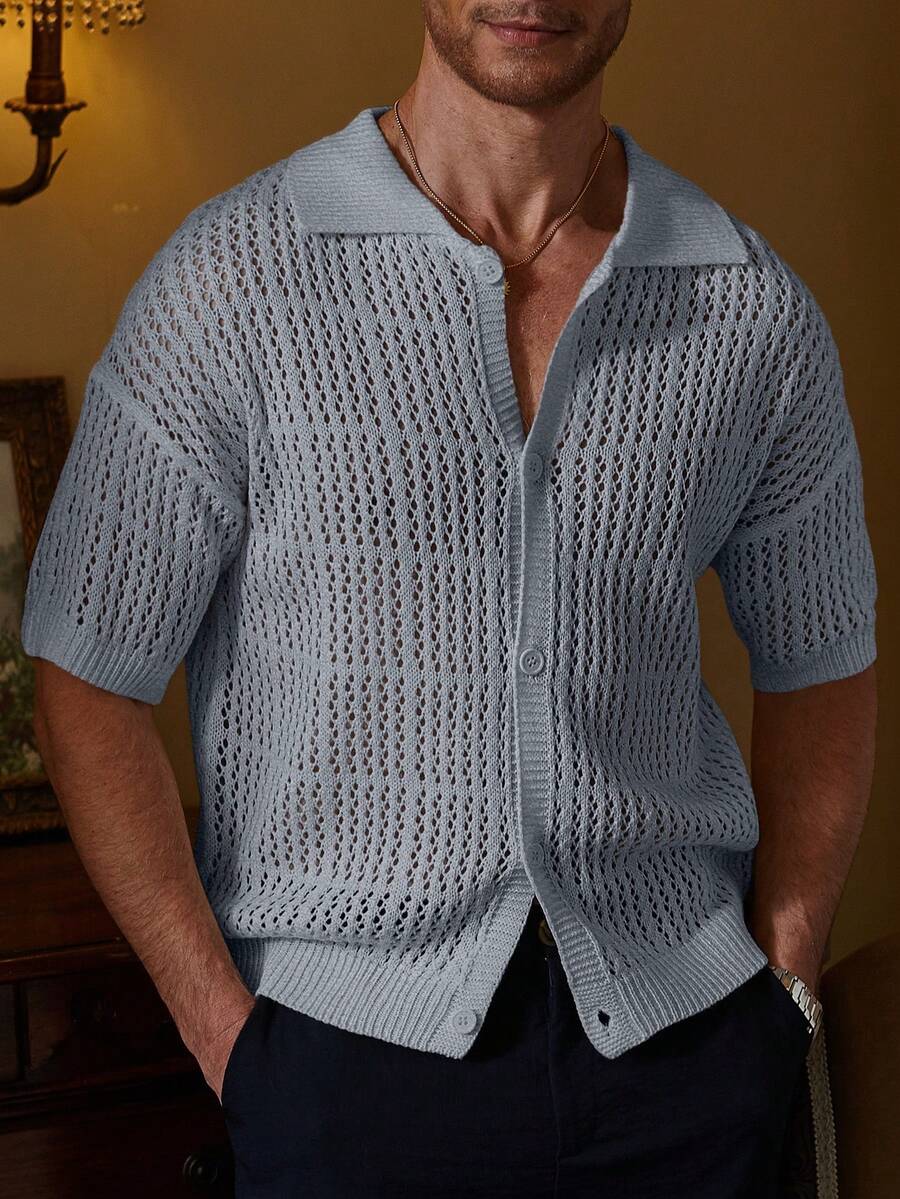 Manfinity Homme 男士纯色短袖单排扣镂空针织上衣 - 水鴨藍 - 查看 1