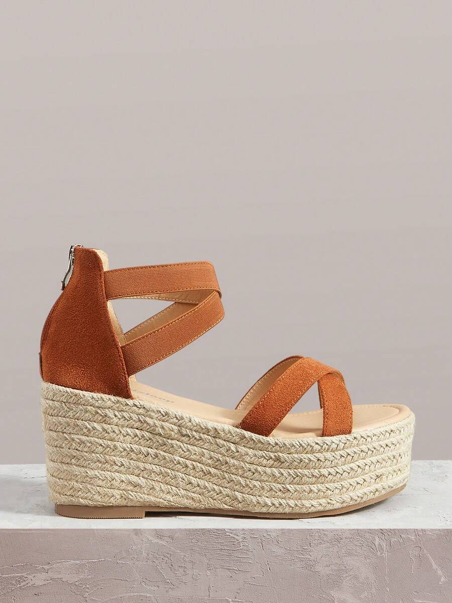 Styleloop Ladies, Straw Twine Cross-Strap Lame Heel Platform Sandals, Vacation Atmosphere, Summer Wear, Travel Essentials - Brown - View 1