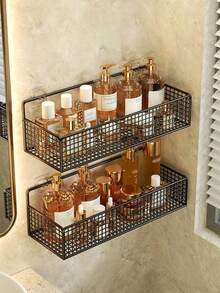 1/2Pcs Wrought Iron Bathroom Storage Rack Wall Mounted No Drilling Space Saving Cosmetics Kitchen Organizer Perforation Free Hanging Shelf Sturdy Rustproof Multi Functional Home Essentials Bathroom Accessories Kitchen Storage - Black - View 6
