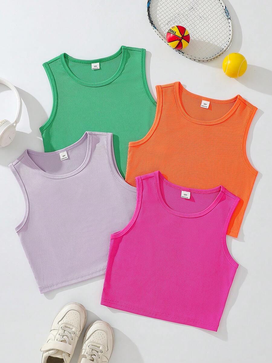 SHEIN Tween Girl Solid Color Round Neck Ribbed Casual Tank Top - Multicolor - View 1
