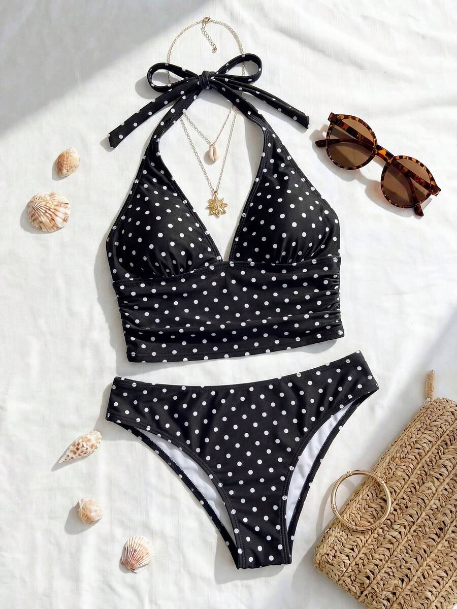 Sweetra Women's Colorblock Polka Dot Print Camisole Tankini - Black and White - View 1