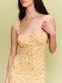 lacRébo 黄色印花网纱中长连衣裙，直筒剪裁，系带设计，春夏可爱度假连衣裙，休闲外出连衣裙，法式巴黎风情 - 黃色 - 查看 4