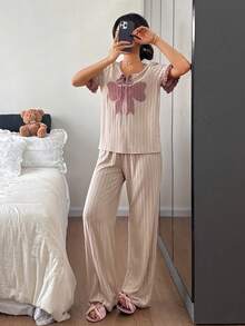 Napfluff Conjunto de pijama cómodo con diseño de mangas con volantes de color contrastante y lazo en beige - Albaricoque - Ver 7