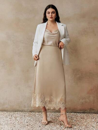 Anewsta Chân váy satin viền ren thanh lịch dành cho nữ cỡ lớn mùa xuân hè, kiểu dáng tối giản, đa năng, thích hợp cho công sở và đi làm.