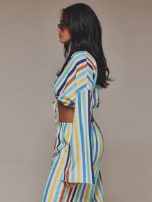 MUSERA Áo kiểu sọc vải lanh, buộc dây phía trước, thích hợp mặc đi biển, phong cách boho, dự tiệc, mùa xuân hè, kỳ nghỉ, sang trọng, thanh lịch, hẹn hò buổi tối. - Nhiều màu - Xem 4