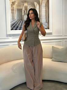 Firerie 女士休闲优雅仿亚麻收腰西装外套 / 女士棕灰色亚麻修身收腰西装外套 / 秋冬女装 / 返校季 / 返校节 / 商务休闲女装 / 复古风女装 / 办公室女装 / 穿搭 / 女士社交西装外套 / 修身褶裥西装外套 / 女士优雅西装外套 - 卡其色 - 查看 5