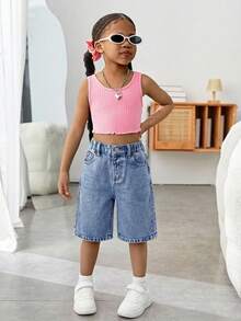 SHEIN Young Girl Cherry Pattern Pocket Casual Denim Shorts - Medium Wash - View 4