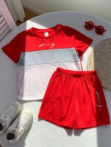 SHEIN 2pcs Young Boys' Color Block Soft Knit Letter Print 2-Piece Set, Suitable For Commuting, School, Casual Outings, Sports, Spring/Summer - Red - View 3