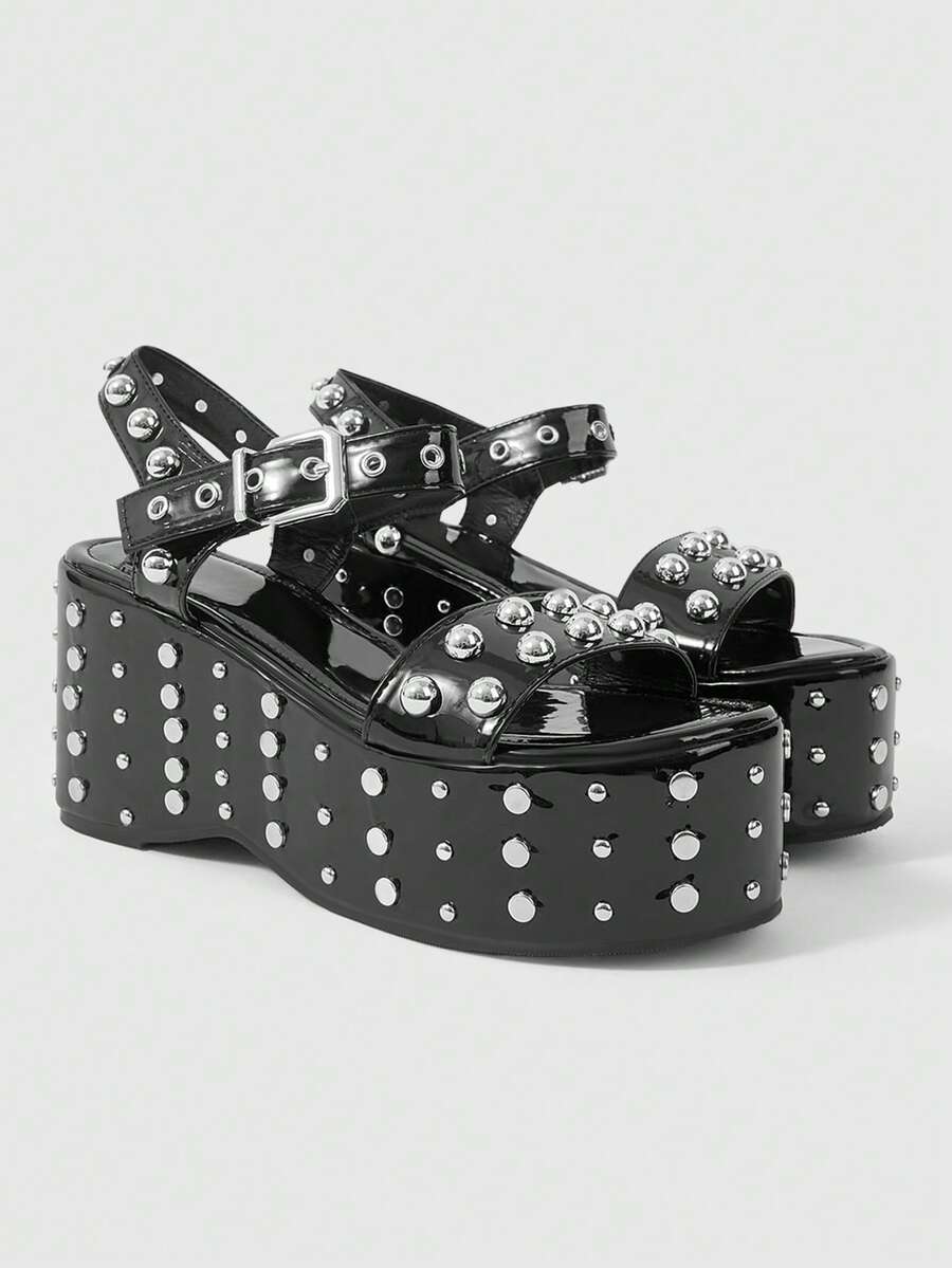 ROMWE Grunge Punk Ladies, Spike Buckles, Lame-Heeled Platform Sandals. - Black - View 1