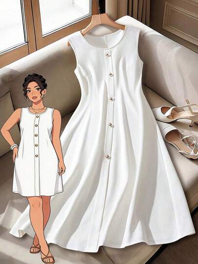 GlowEve CURVE 大码女式优雅纯色圆领无袖高品质修身休闲/工作连衣裙，夏季