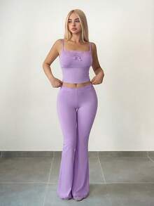 Sweetina 2pcs/Set Lace Camisole & Flare Pants, Casual Outfit For Teens - Lilac Purple - View 5