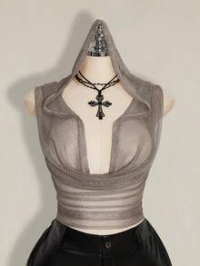 SHEIN ICON Áo croptop lưới bóng bẩy gợi cảm phong cách đường phố Y2K dành cho người có thân hình mũm mĩm - Màu be - Xem 5